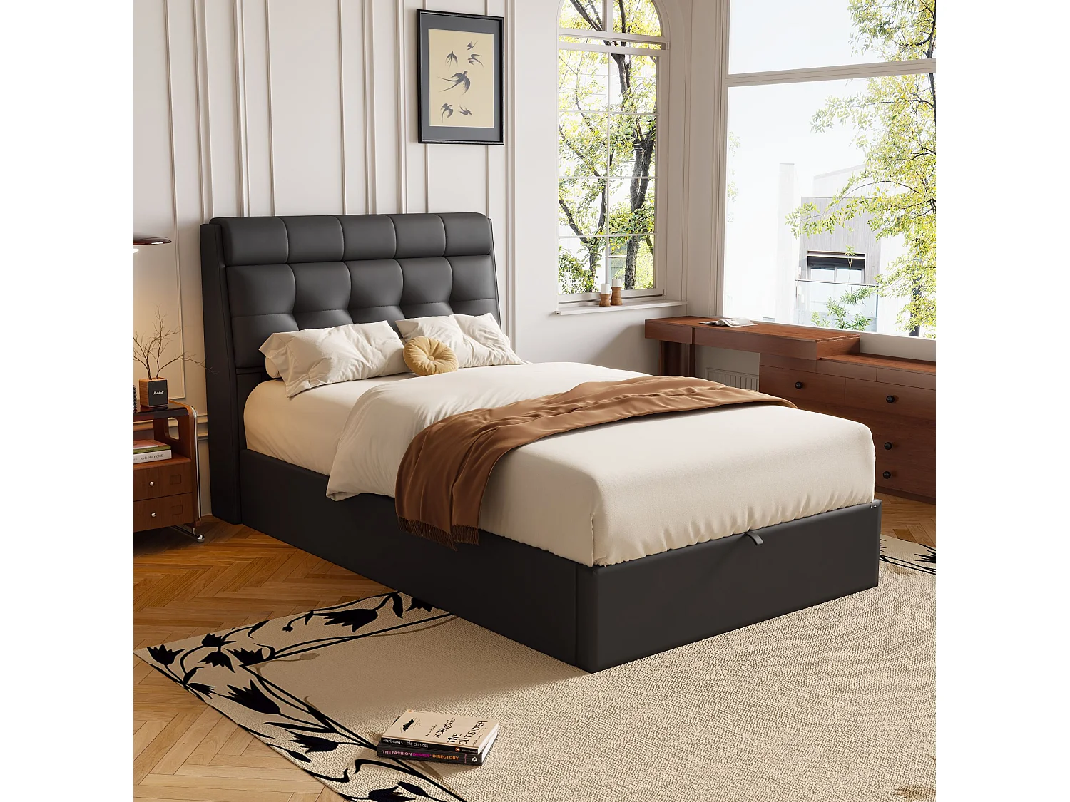 Lit coffre élégant 90 x 200 cm - étagère tête de lit dissimulée - similicuiir - sommier à lattes - noir