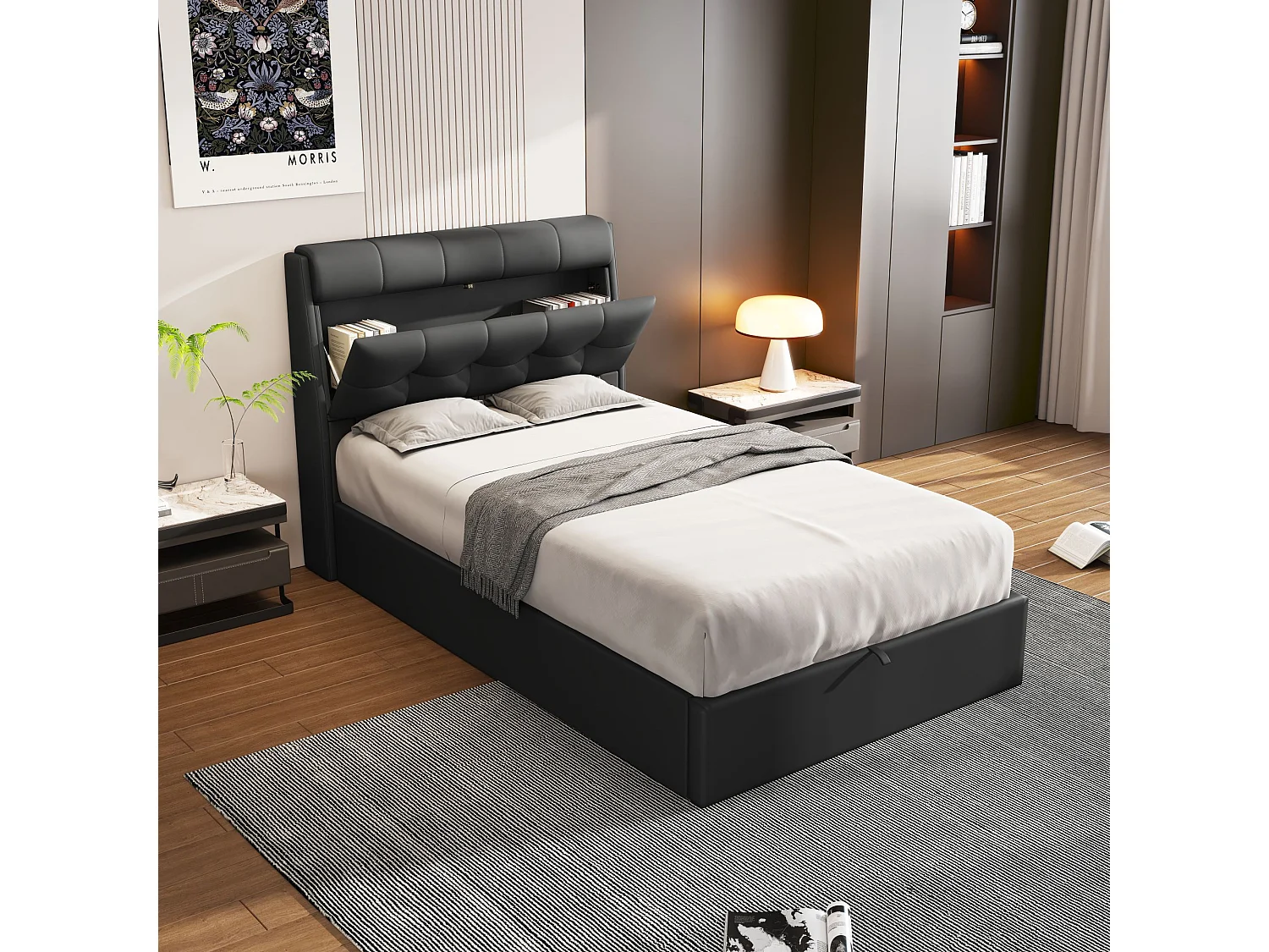 Lit coffre élégant 90 x 200 cm - étagère tête de lit dissimulée - similicuiir - sommier à lattes - noir