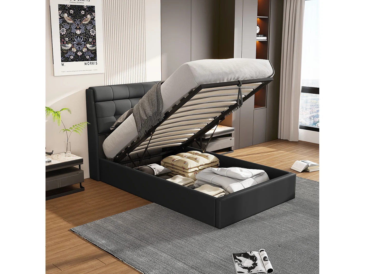 Lit coffre élégant 90 x 200 cm - étagère tête de lit dissimulée - similicuiir - sommier à lattes - noir