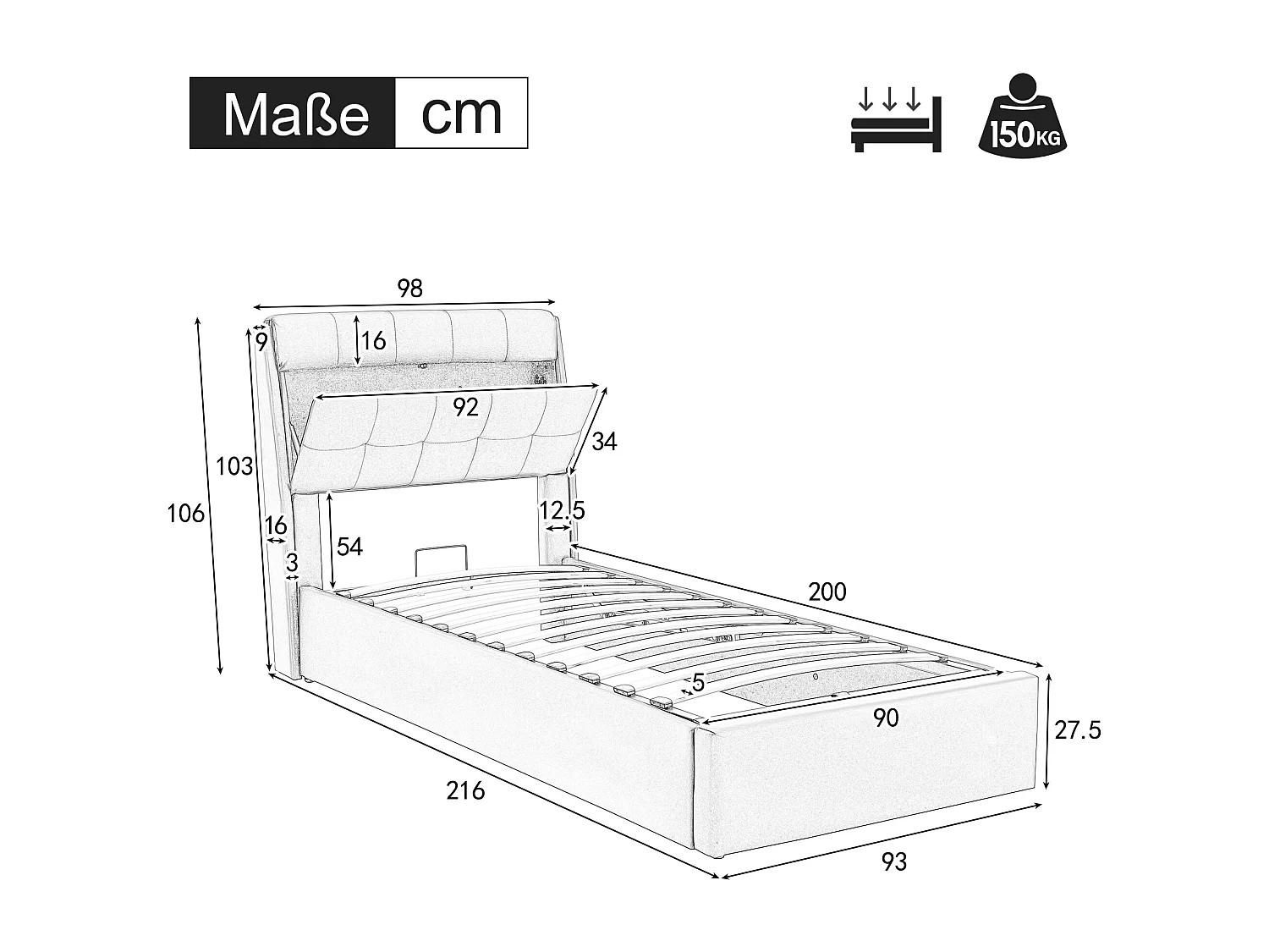Lit coffre élégant 90 x 200 cm - étagère tête de lit dissimulée - similicuiir - sommier à lattes - noir
