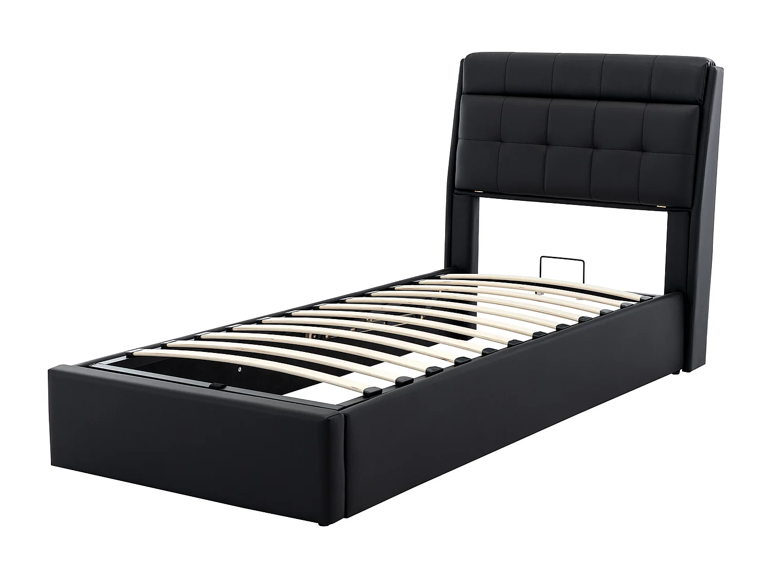 Lit coffre élégant 90 x 200 cm - étagère tête de lit dissimulée - similicuiir - sommier à lattes - noir