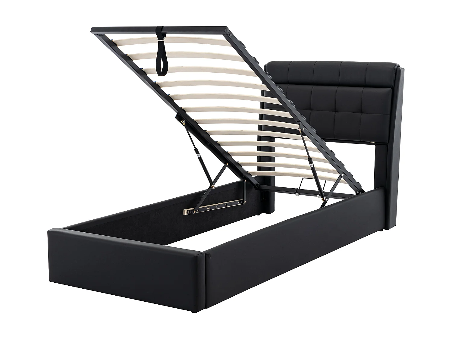 Lit coffre élégant 90 x 200 cm - étagère tête de lit dissimulée - similicuiir - sommier à lattes - noir