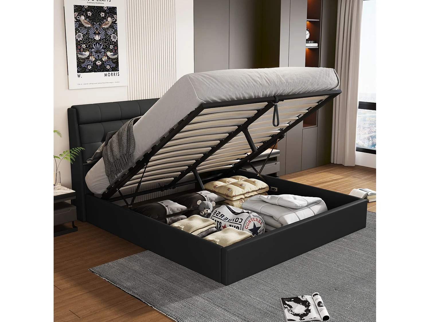 Cama de arrumação elegante 160 x 200 cm - prateleira oculta na cabeceira - imitação de couro - base de ripas - preto