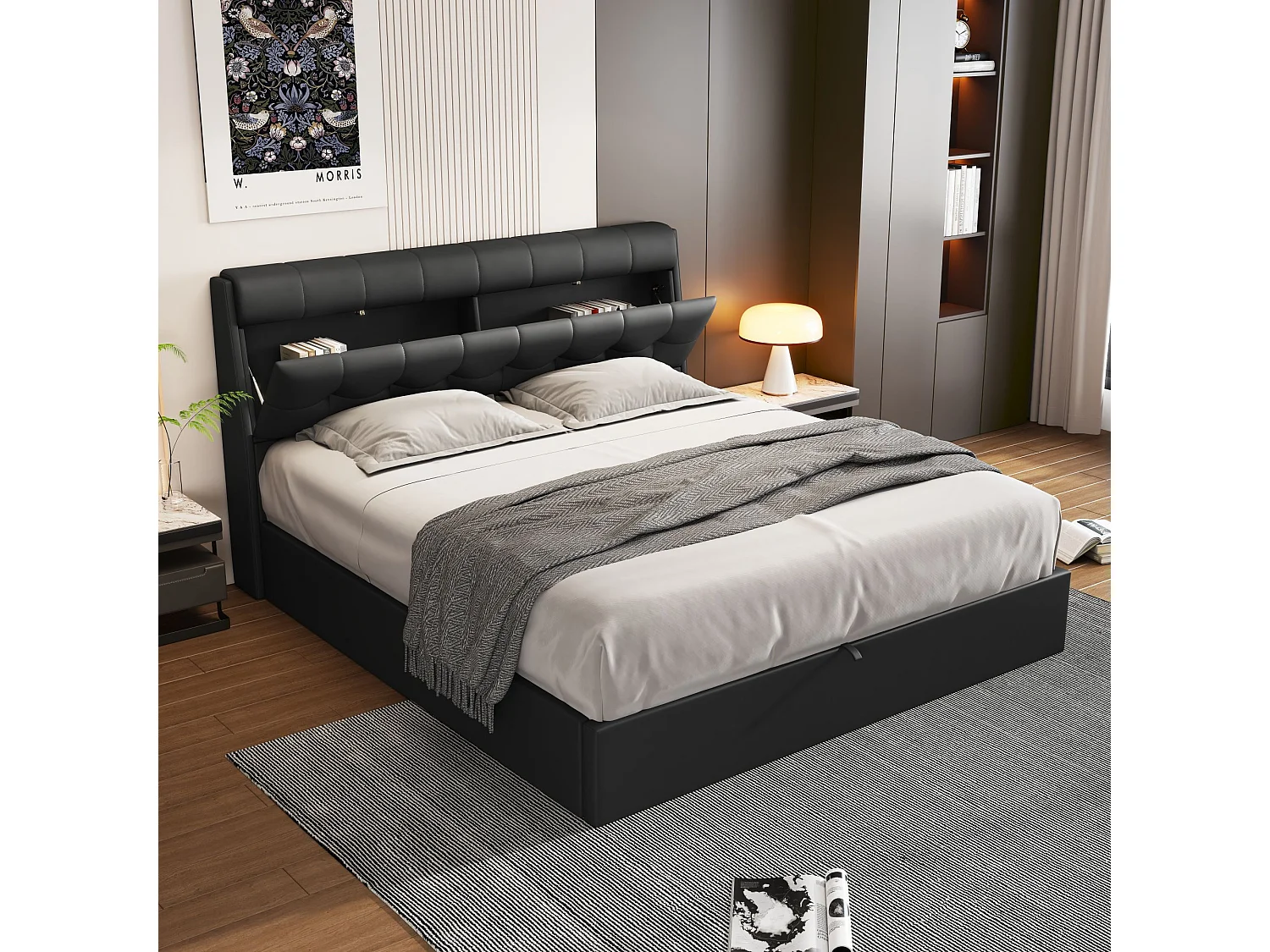 Cama de arrumação elegante 160 x 200 cm - prateleira oculta na cabeceira - imitação de couro - base de ripas - preto