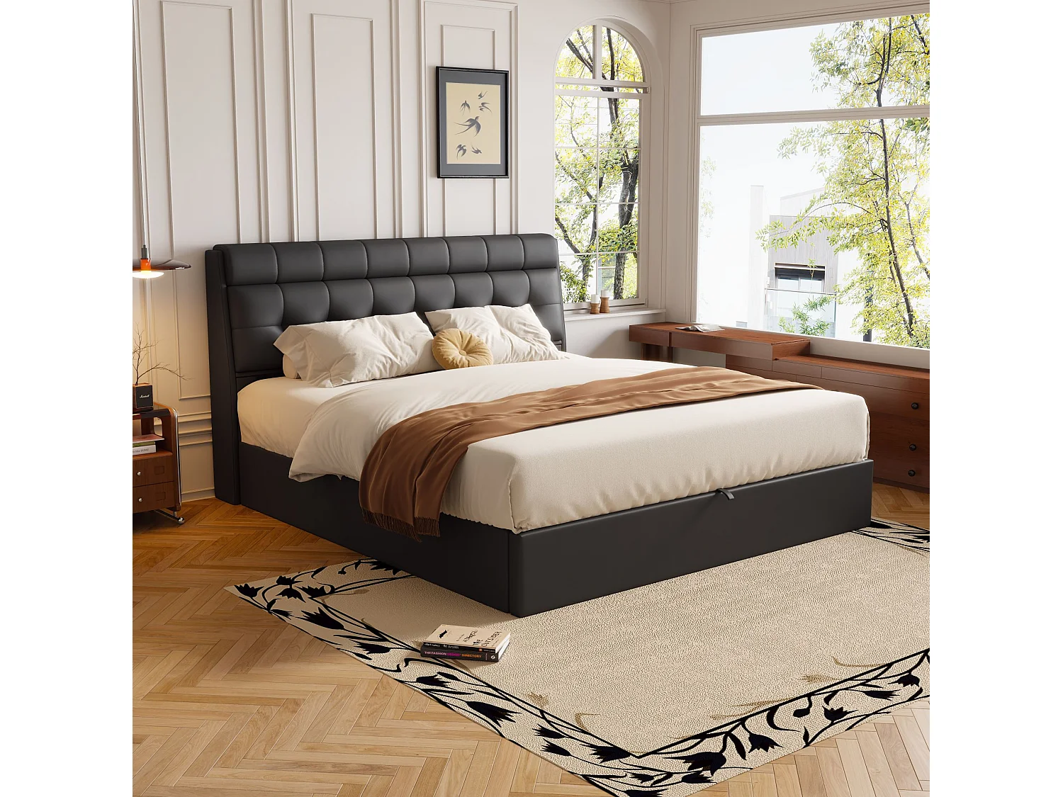 Cama de arrumação elegante 160 x 200 cm - prateleira oculta na cabeceira - imitação de couro - base de ripas - preto