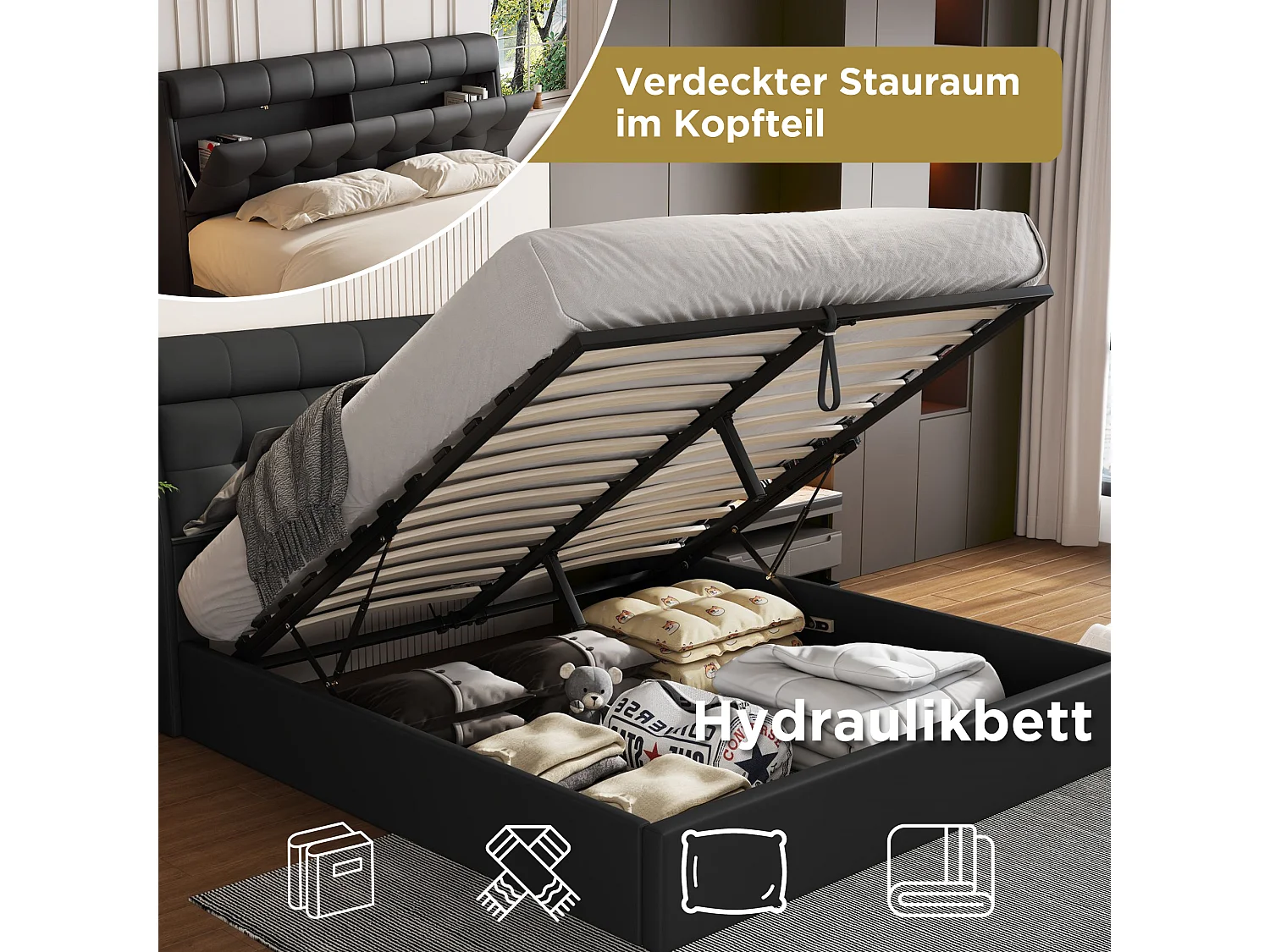 Cama de arrumação elegante 160 x 200 cm - prateleira oculta na cabeceira - imitação de couro - base de ripas - preto