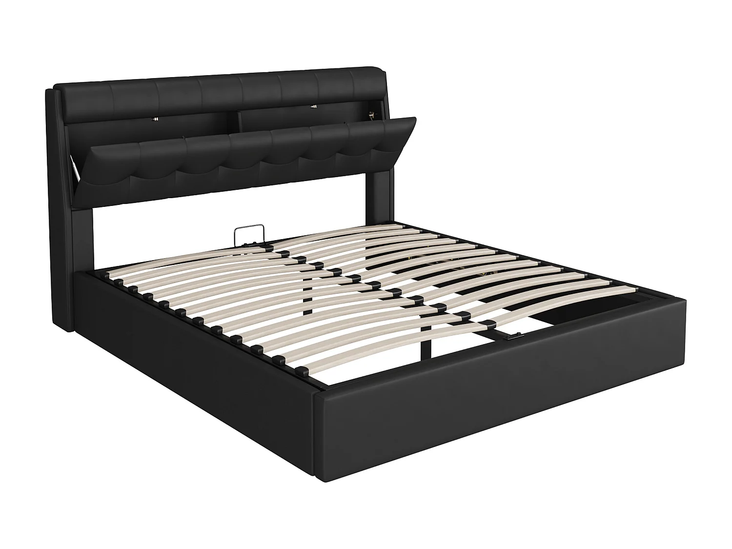 Cama de arrumação elegante 160 x 200 cm - prateleira oculta na cabeceira - imitação de couro - base de ripas - preto
