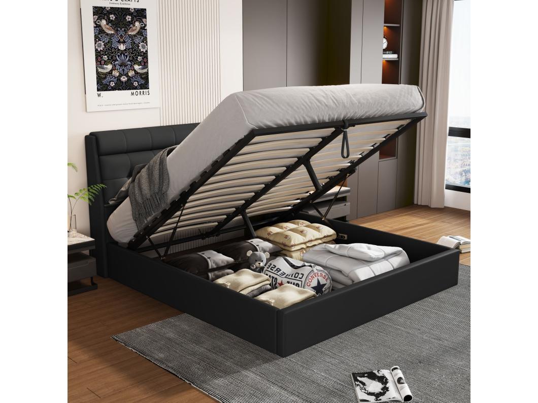 Elegant opbergbed 160 x 200 cm - verborgen hoofdeindeplank - kunstleer - lattenbodem - zwart