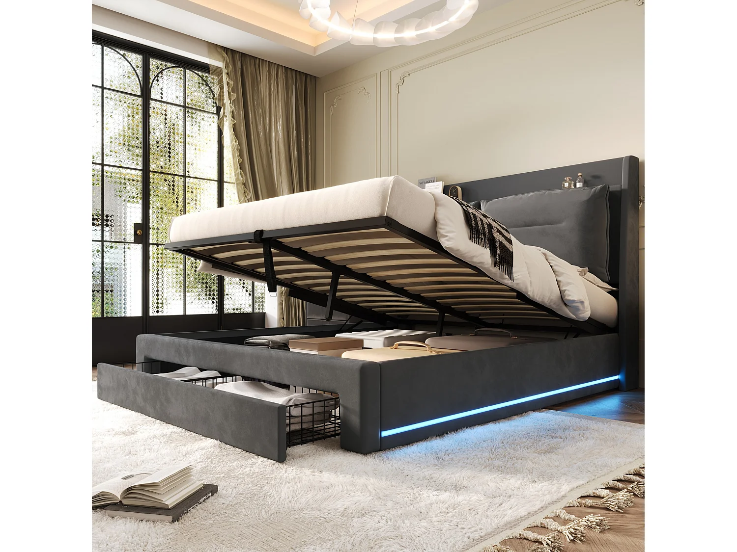 Lit coffre 140 x 200 cm avec tiroir et étagère - LEDs - Tissu en velours - Gris