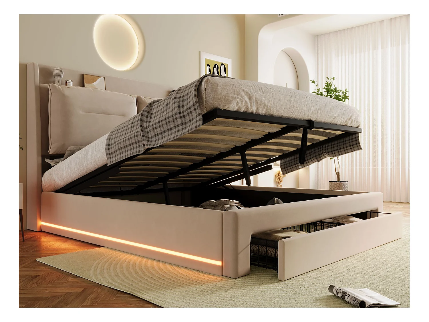 Lit coffre 160 x 200 cm avec tiroir et étagère - LEDs - Tissu en velours - Beige
