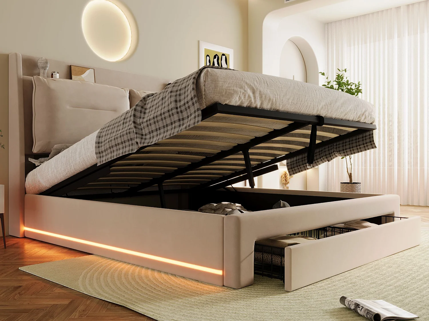 Lit coffre 160 x 200 cm avec tiroir et étagère - LEDs - Tissu en velours - Beige