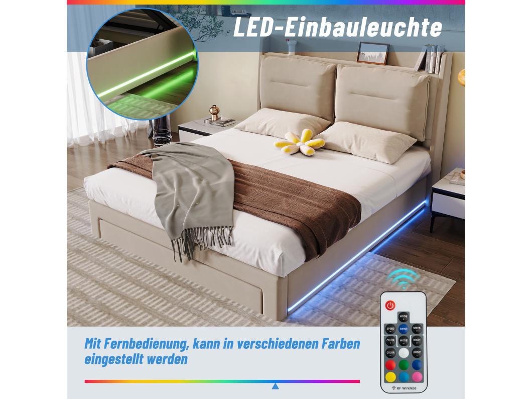 Stauraumbett 160 x 200 cm mit Schublade und Regal – LEDs – Samtstoff – Beige