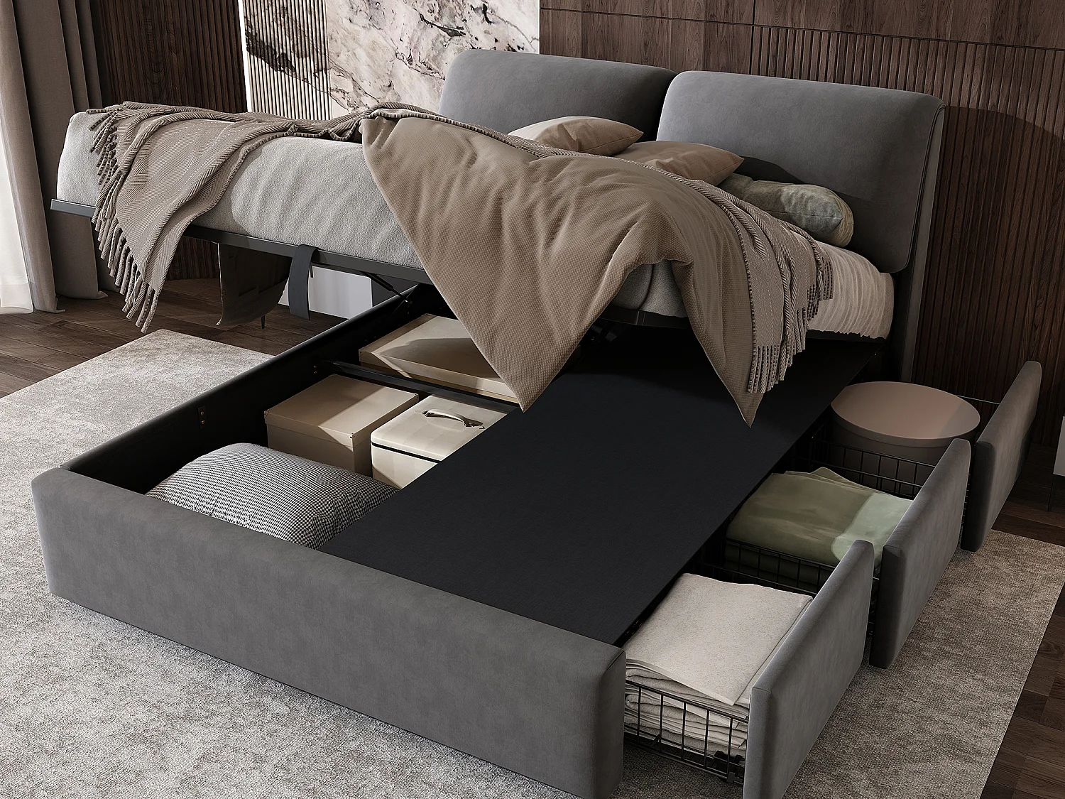 Bett mit Stauraum 140 x 200 cm für Erwachsene mit 3 Schubladen – Samtstoff – Boxspring inklusive – Grau