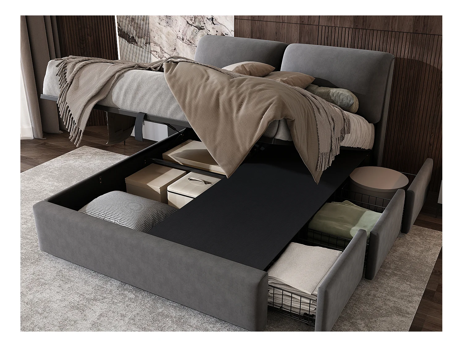 Opbergbed 140 x 200 cm voor volwassenen met 3 lades - fluwelen stof - inclusief boxspring - grijs