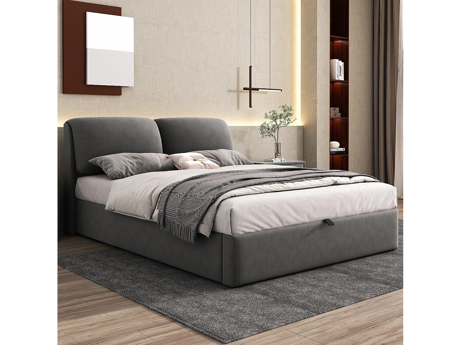 Lit coffre 140 x 200 cm pour adulte avec 3 triroirs - tissu en velours - sommier inclus - gris