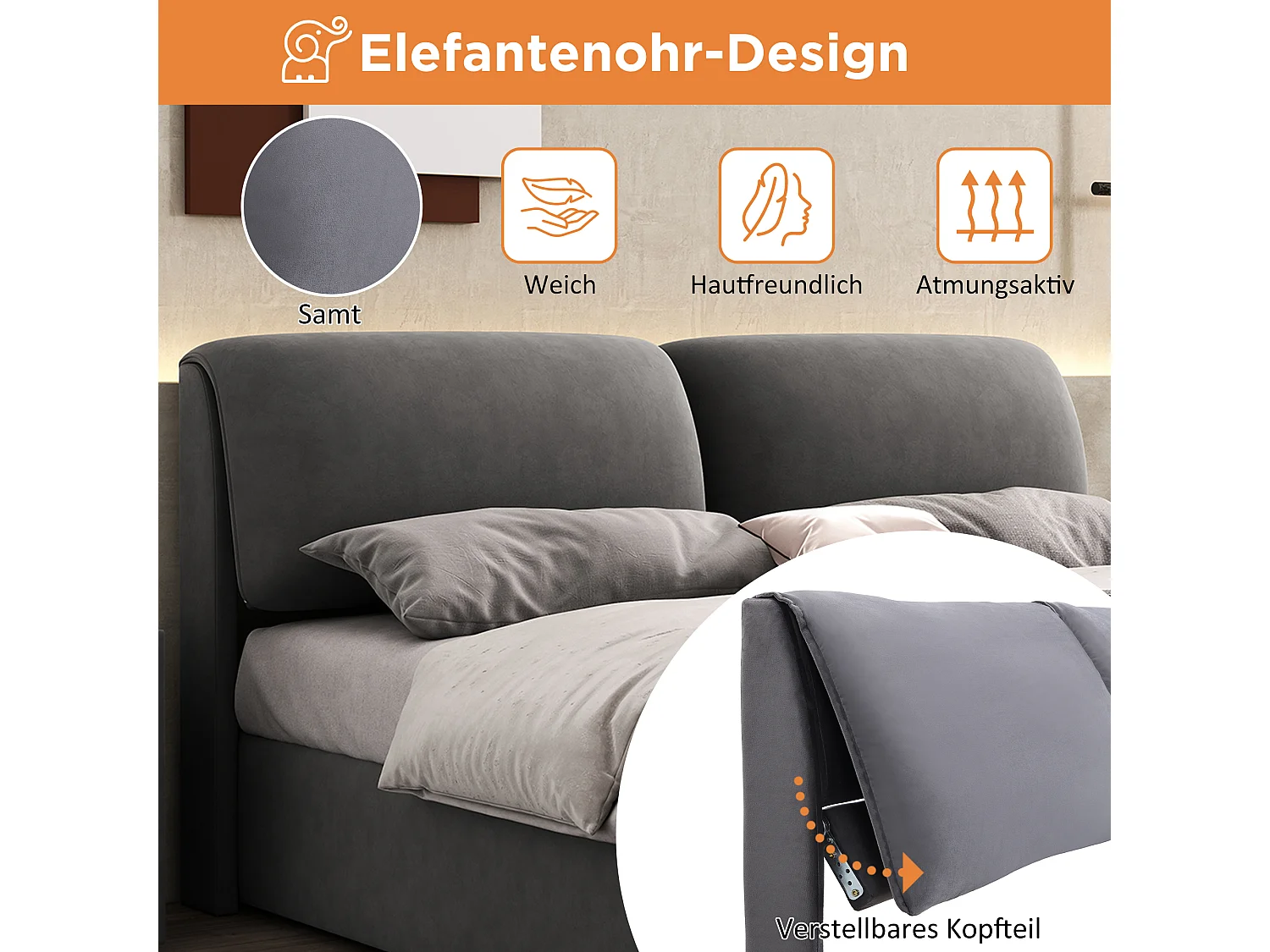 Lit coffre 140 x 200 cm pour adulte avec 3 triroirs - tissu en velours - sommier inclus - gris