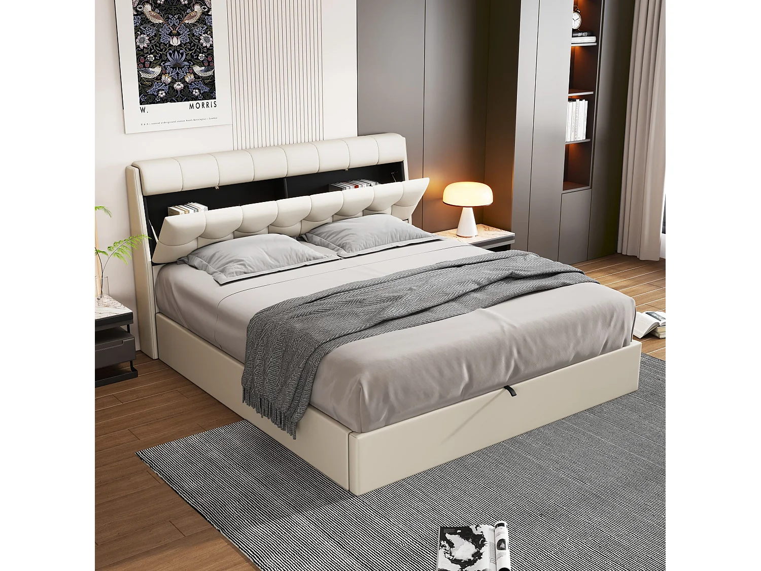 Lit coffre élégant 160 x 200 cm - étagère tête de lit dissimulée - similicuiir - sommier à lattes - blanc