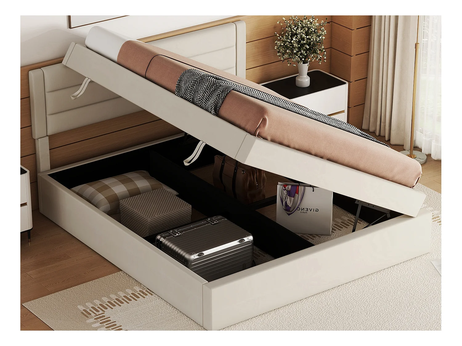 Opbergbed 140 x 200 cm met opbergruimte - linnen stof - bilaterale opening - eenvoudig ontwerp - beige