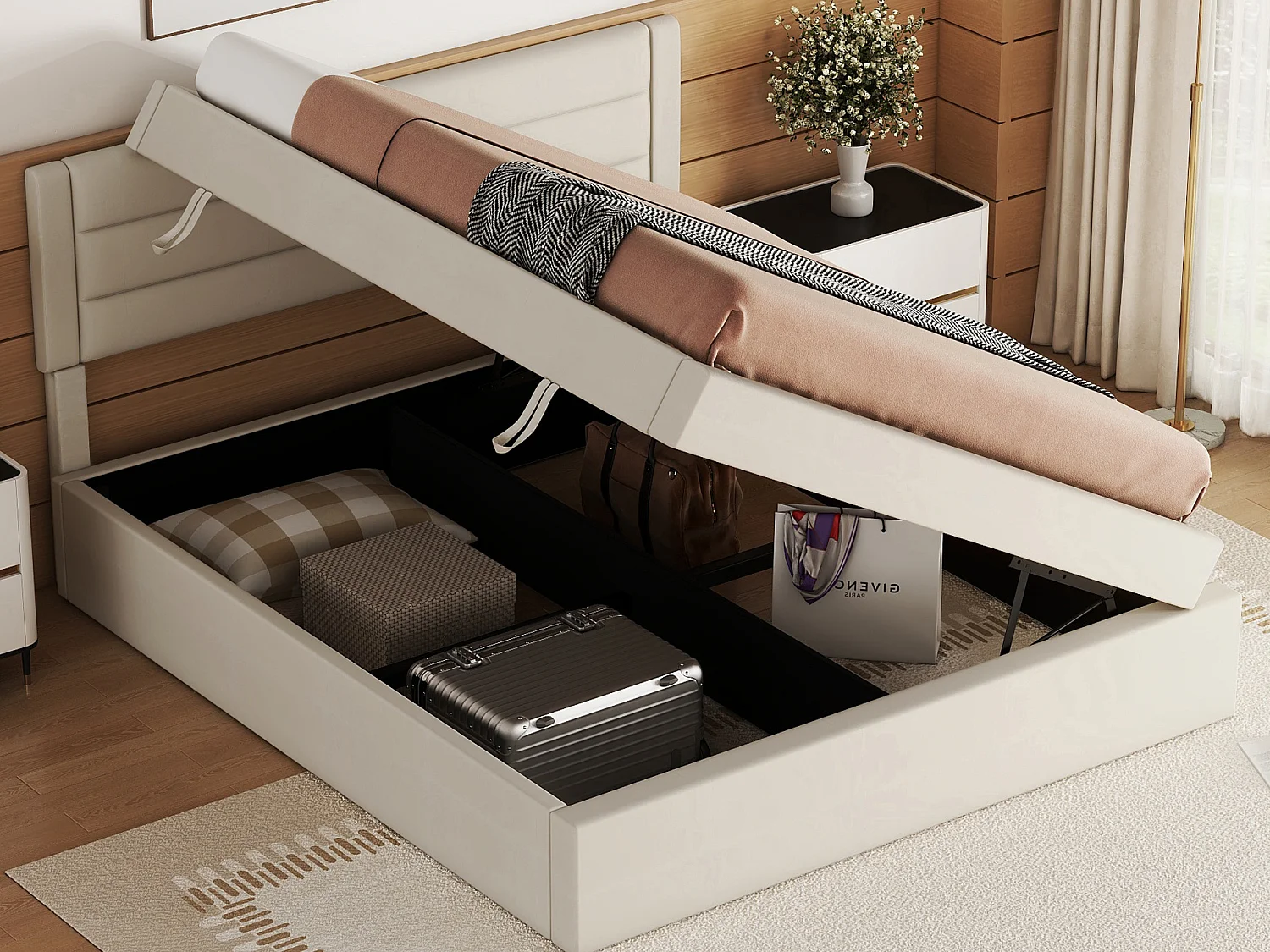 Opbergbed 140 x 200 cm met opbergruimte - linnen stof - bilaterale opening - eenvoudig ontwerp - beige