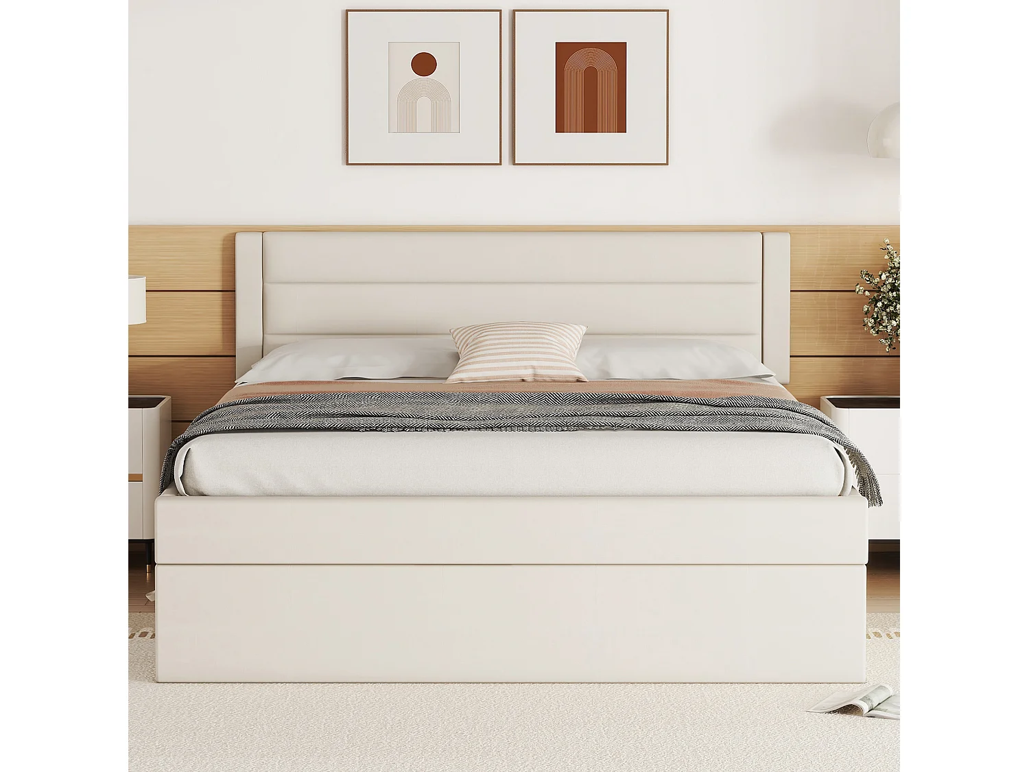 Opbergbed 140 x 200 cm met opbergruimte - linnen stof - bilaterale opening - eenvoudig ontwerp - beige