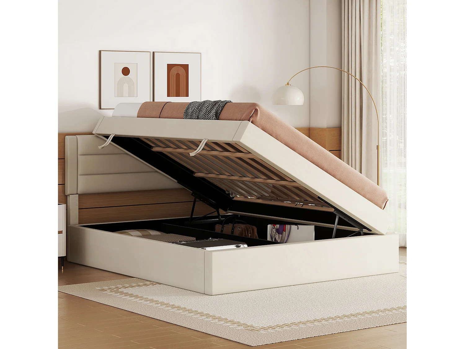 Opbergbed 140 x 200 cm met opbergruimte - linnen stof - bilaterale opening - eenvoudig ontwerp - beige