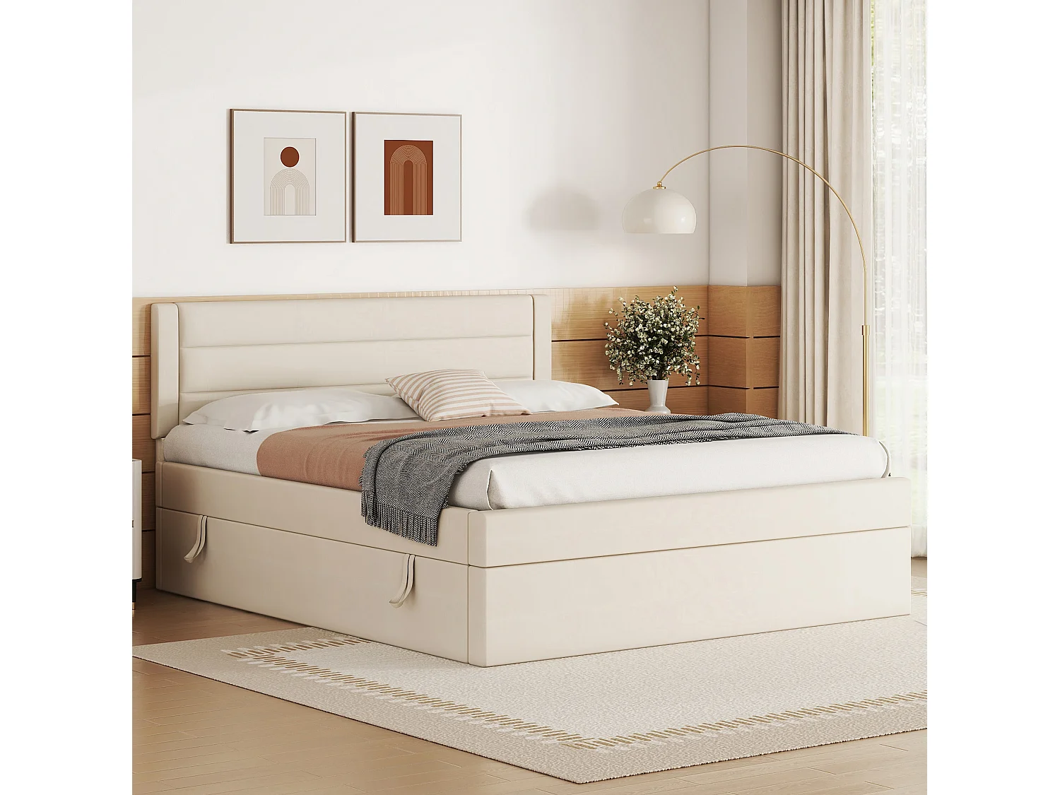 Opbergbed 140 x 200 cm met opbergruimte - linnen stof - bilaterale opening - eenvoudig ontwerp - beige