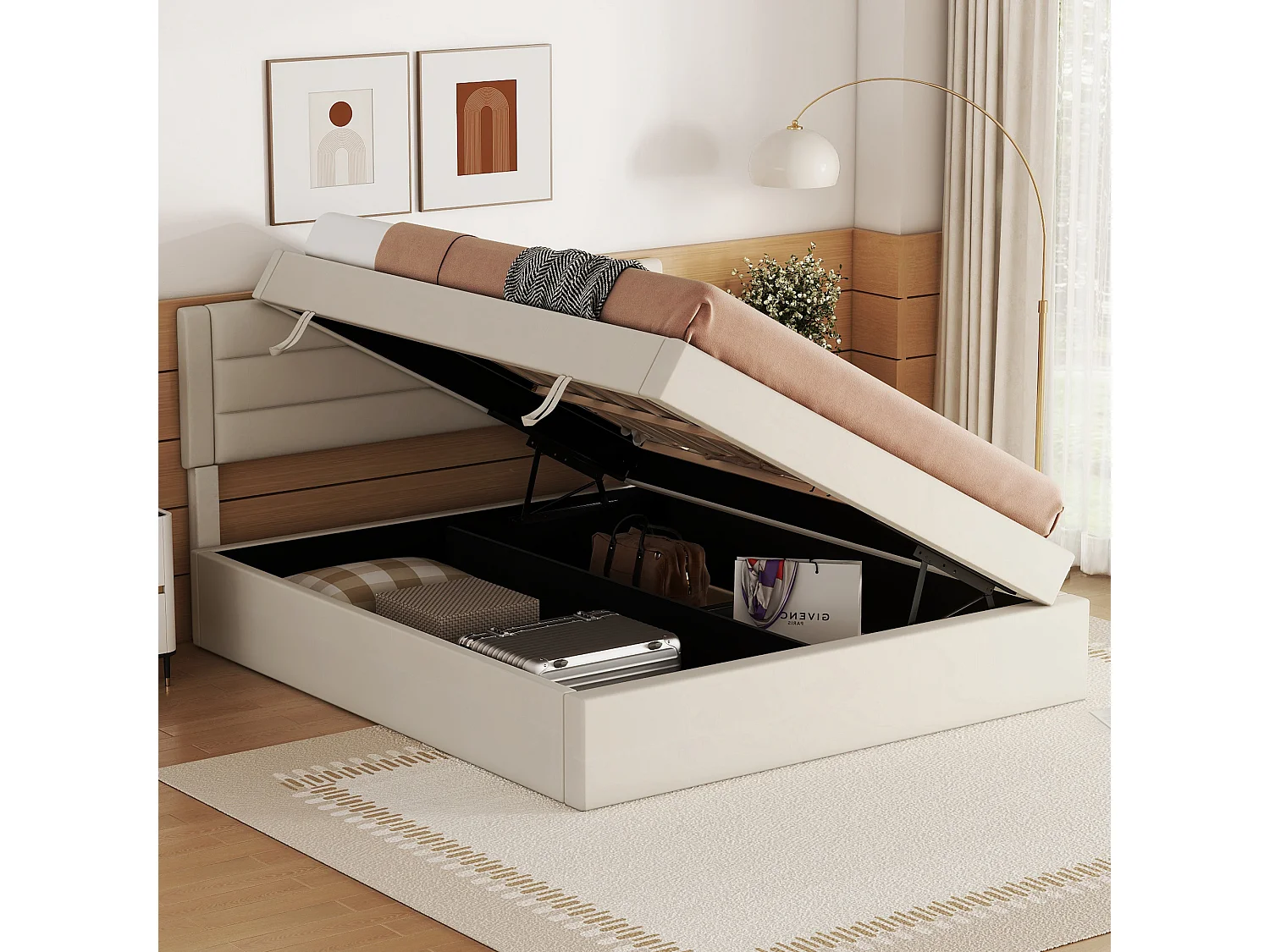 Opbergbed 140 x 200 cm met opbergruimte - linnen stof - bilaterale opening - eenvoudig ontwerp - beige