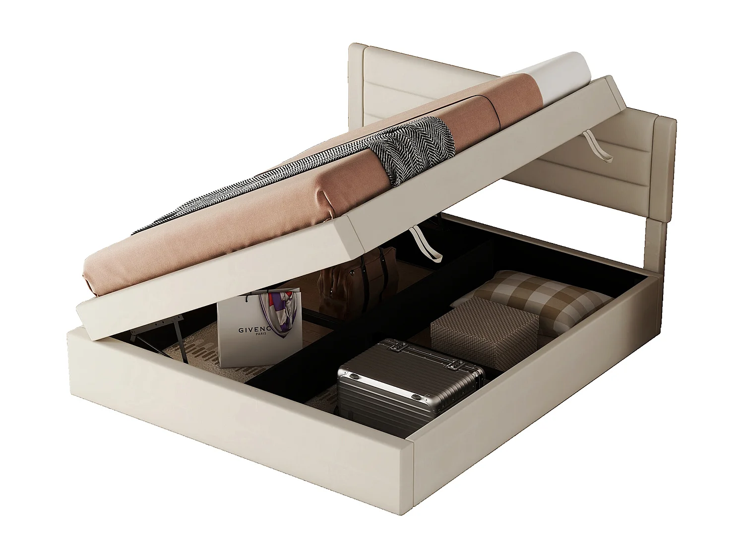 Opbergbed 140 x 200 cm met opbergruimte - linnen stof - bilaterale opening - eenvoudig ontwerp - beige