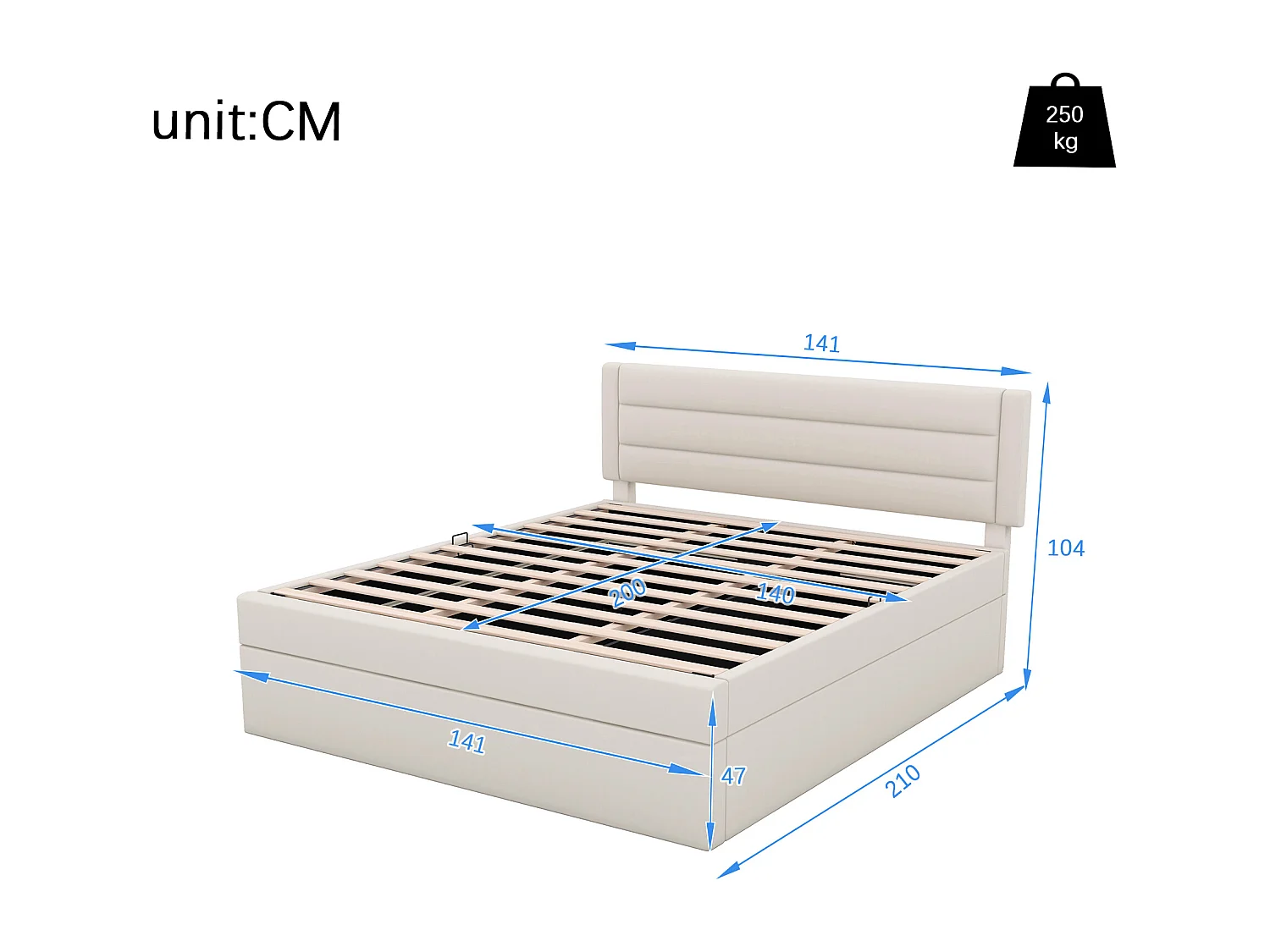 Opbergbed 140 x 200 cm met opbergruimte - linnen stof - bilaterale opening - eenvoudig ontwerp - beige