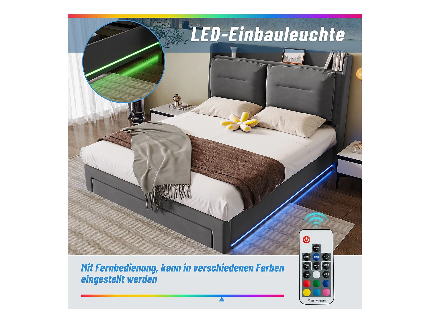 Lit coffre 160 x 200 cm avec tiroir et étagère - LEDs - Tissu en velours - Gris