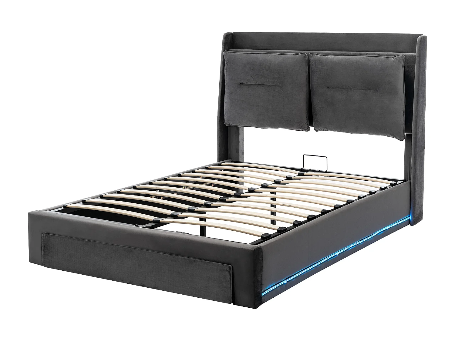 Lit coffre 160 x 200 cm avec tiroir et étagère - LEDs - Tissu en velours - Gris