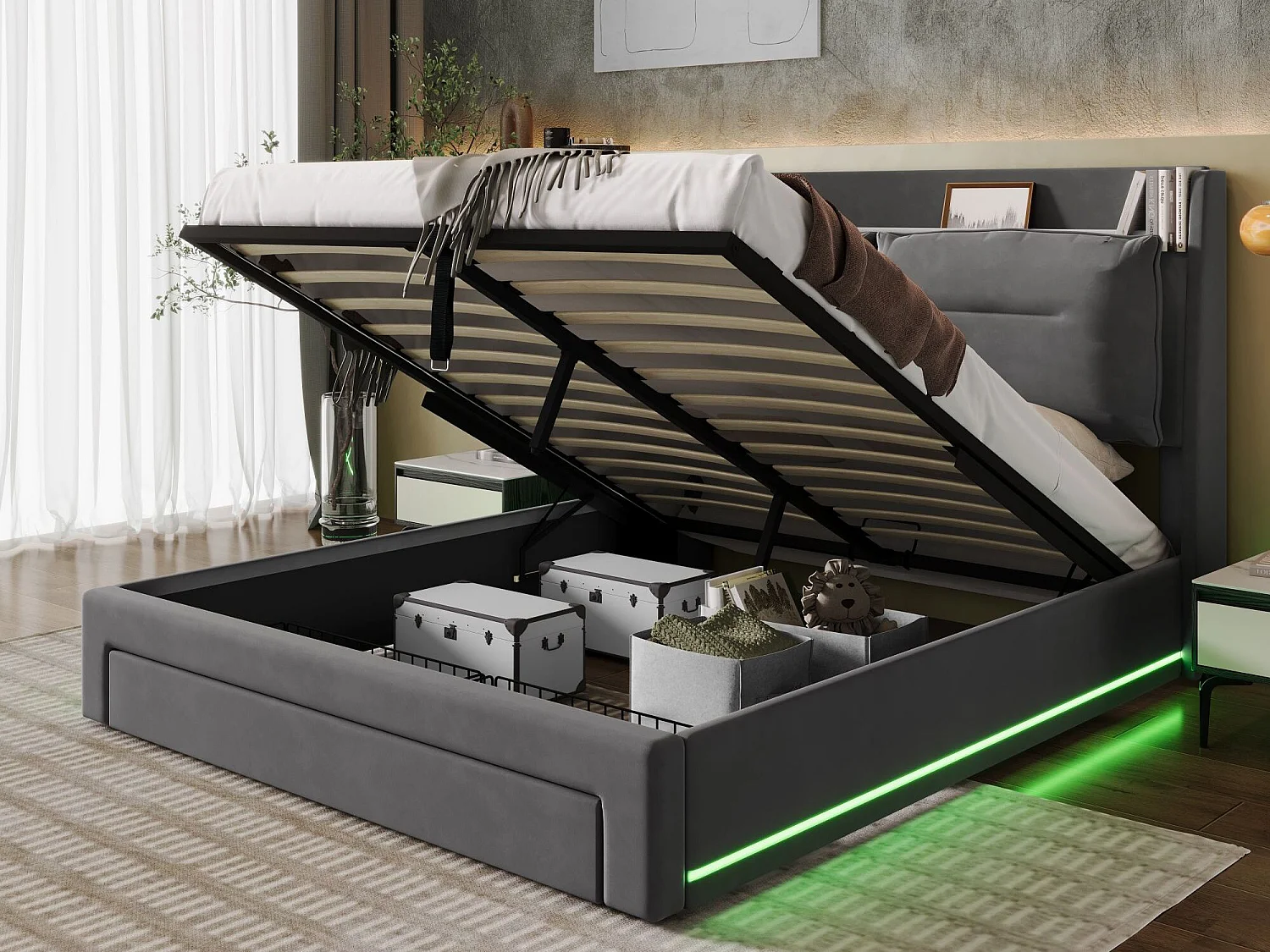 Lit coffre 160 x 200 cm avec tiroir et étagère - LEDs - Tissu en velours - Gris