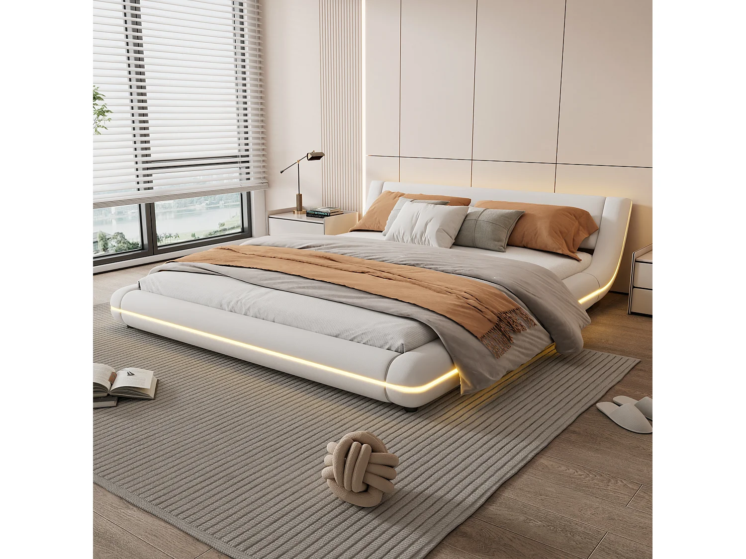 Cama doble 160 x 200 cm - Cama de suelo - Cuero PU - Luz ambiental LED con mando a distancia - Blanco