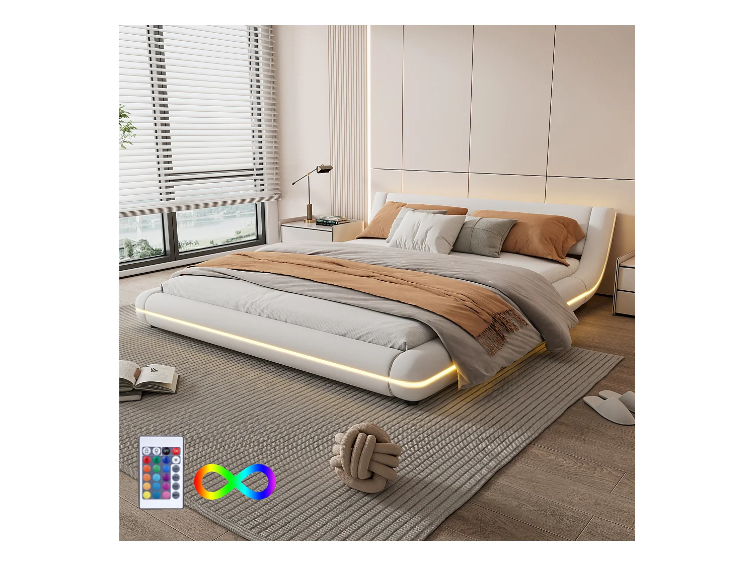 Lit double 160 x 200 cm - Lit au sol - cuir PU - Lumière ambiante LEDs avec télécommande - Blanc