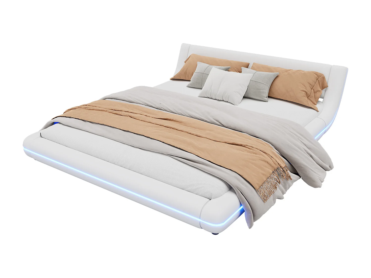 Lit double 160 x 200 cm - Lit au sol - cuir PU - Lumière ambiante LEDs avec télécommande - Blanc