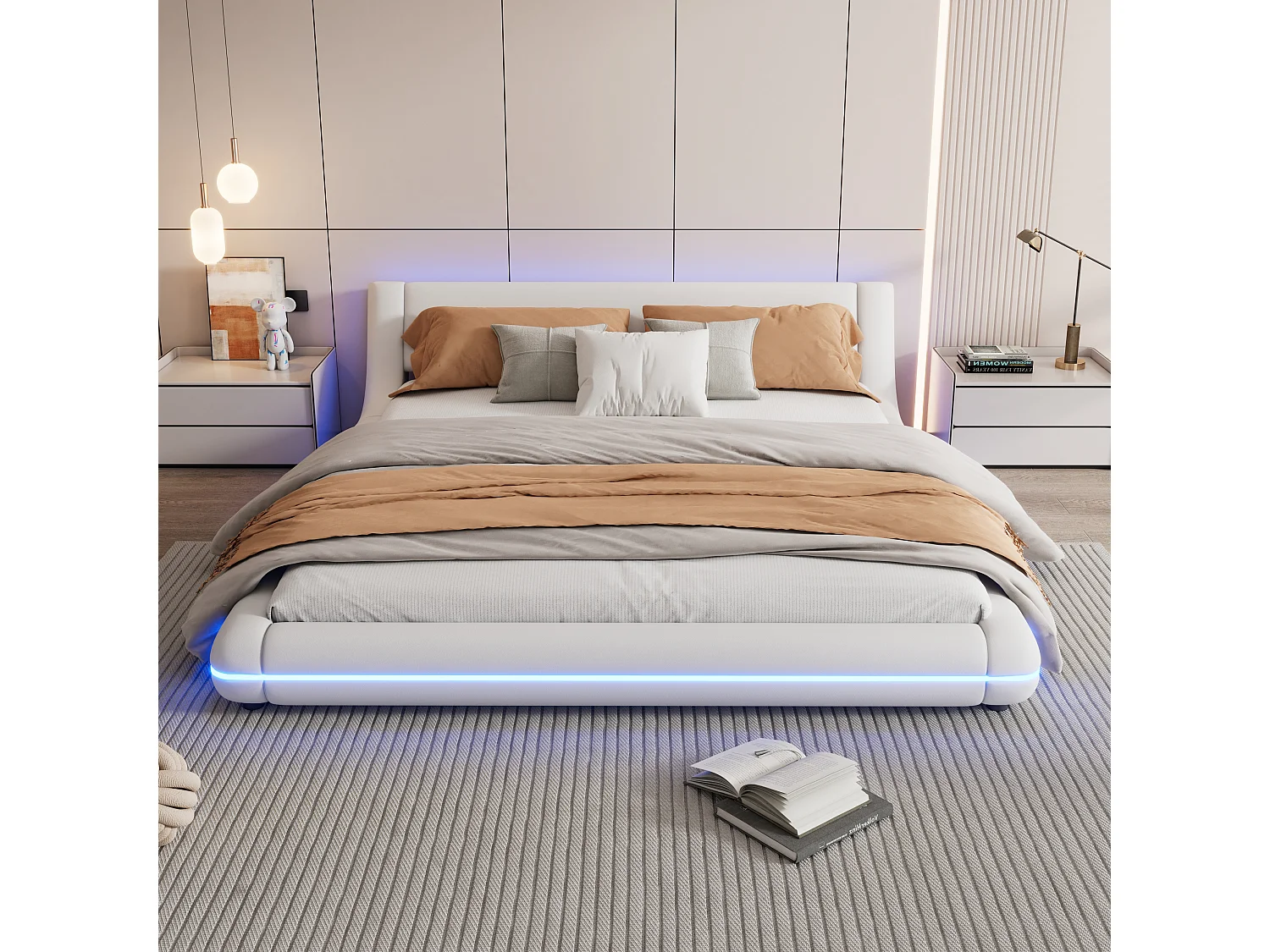 Lit double 160 x 200 cm - Lit au sol - cuir PU - Lumière ambiante LEDs avec télécommande - Blanc