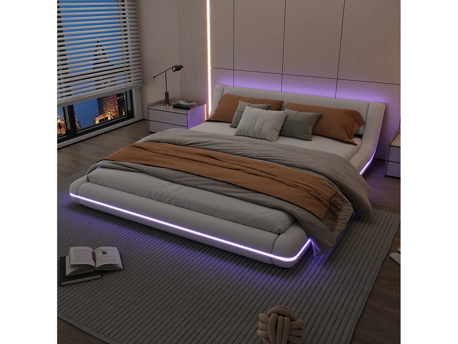 Lit double 160 x 200 cm - Lit au sol - cuir PU - Lumière ambiante LEDs avec télécommande - Blanc