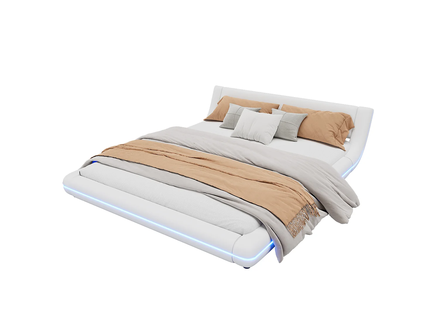 Lit double 160 x 200 cm - Lit au sol - cuir PU - Lumière ambiante LEDs avec télécommande - Blanc