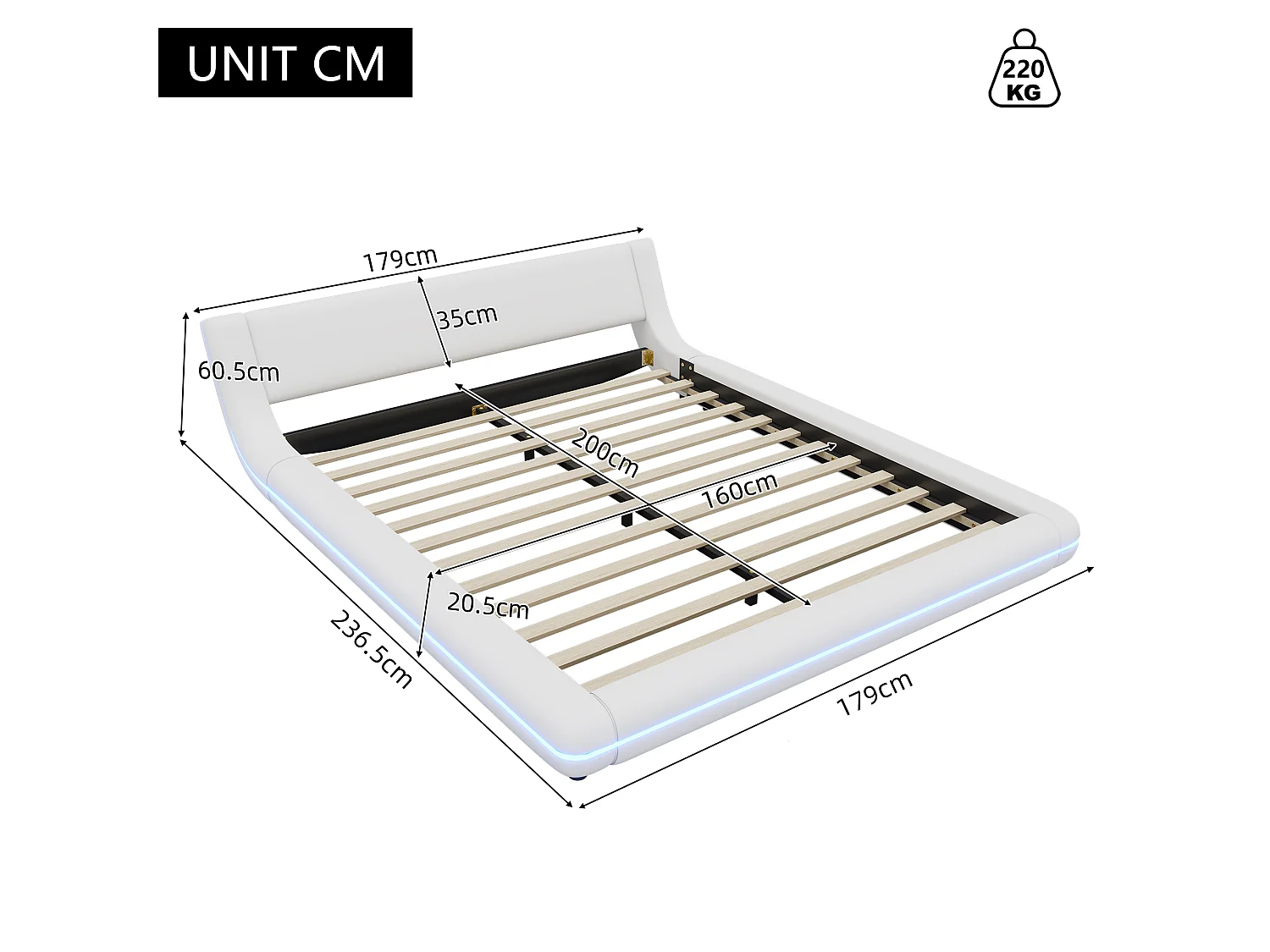 Lit double 160 x 200 cm - Lit au sol - cuir PU - Lumière ambiante LEDs avec télécommande - Blanc