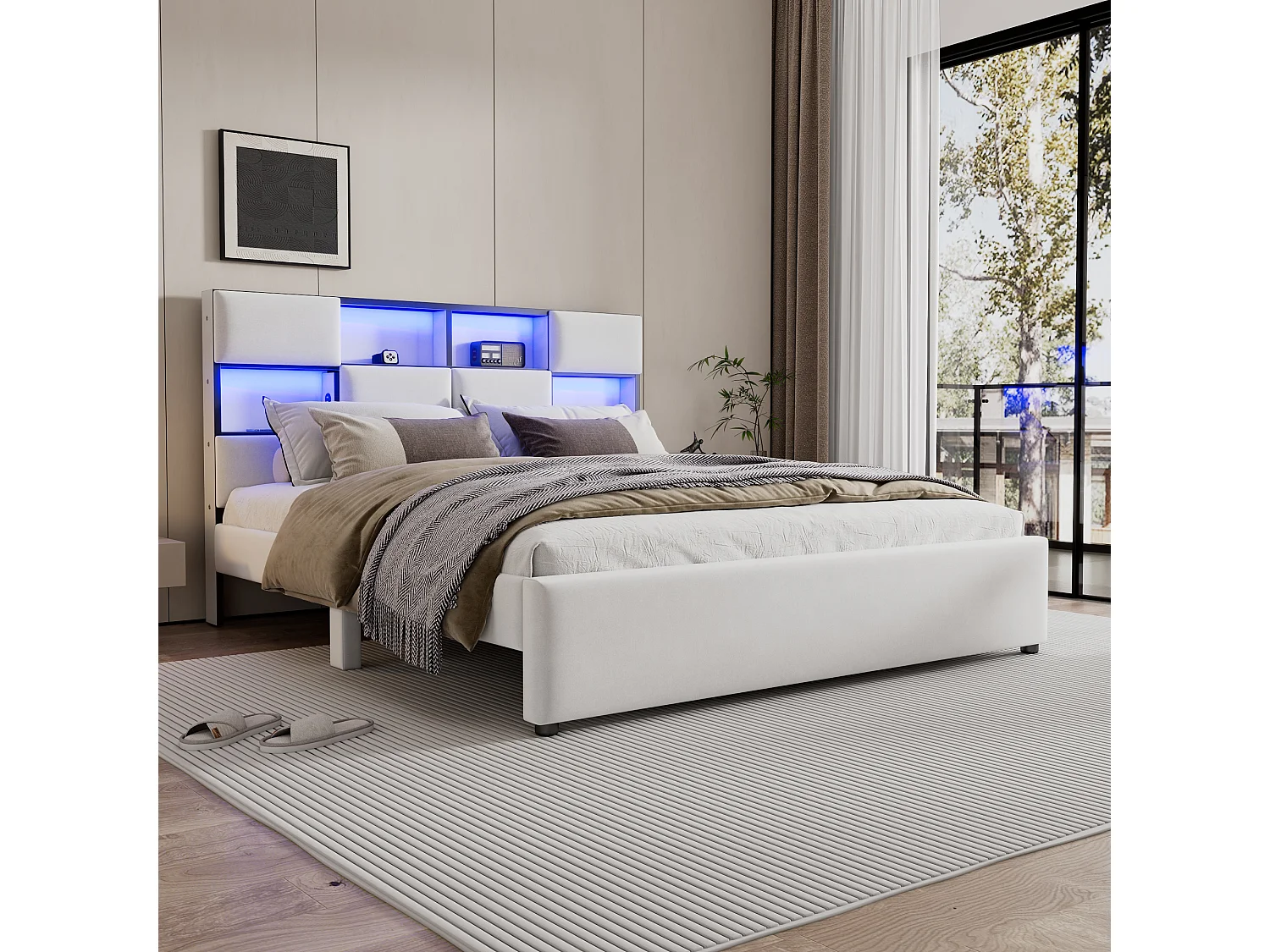 Tweepersoonsbed 160 x 200 cm - Linnenstof - USB-poort + LED's - Inclusief lattenbodem - Beige