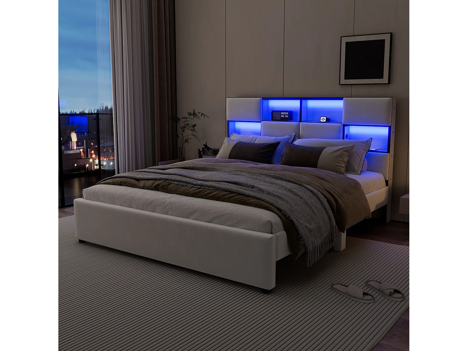 Tweepersoonsbed 160 x 200 cm - Linnenstof - USB-poort + LED's - Inclusief lattenbodem - Beige
