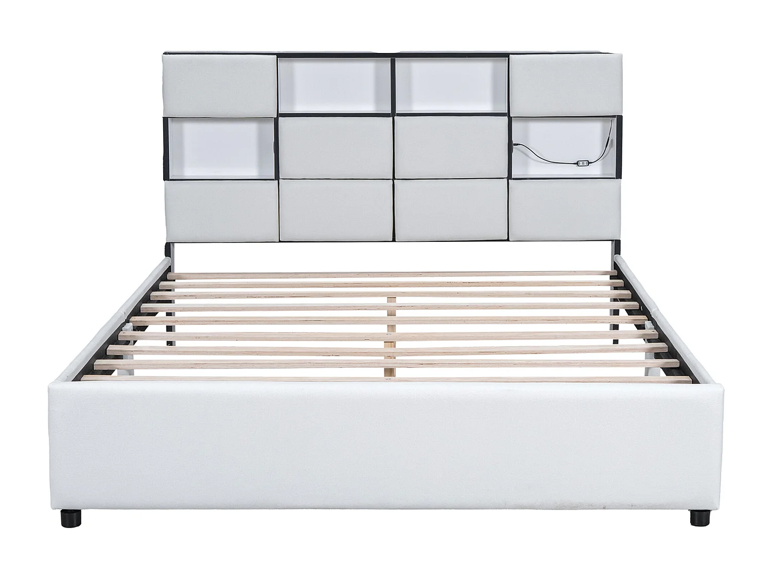 Tweepersoonsbed 160 x 200 cm - Linnenstof - USB-poort + LED's - Inclusief lattenbodem - Beige