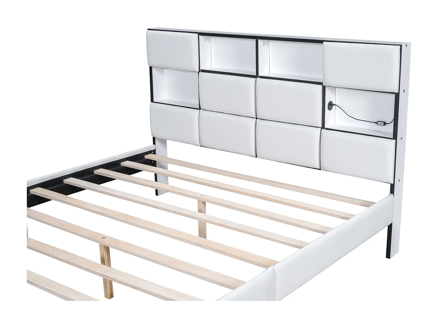 Tweepersoonsbed 160 x 200 cm - Linnenstof - USB-poort + LED's - Inclusief lattenbodem - Beige