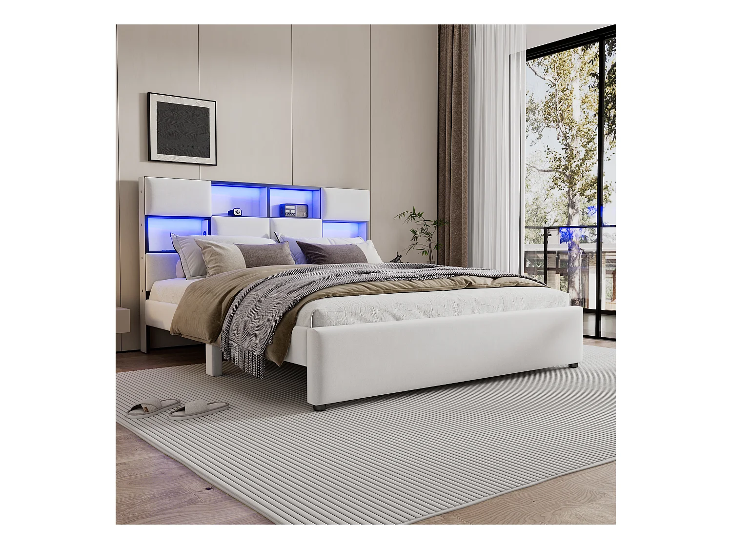Tweepersoonsbed 160 x 200 cm - Linnenstof - USB-poort + LED's - Inclusief lattenbodem - Beige