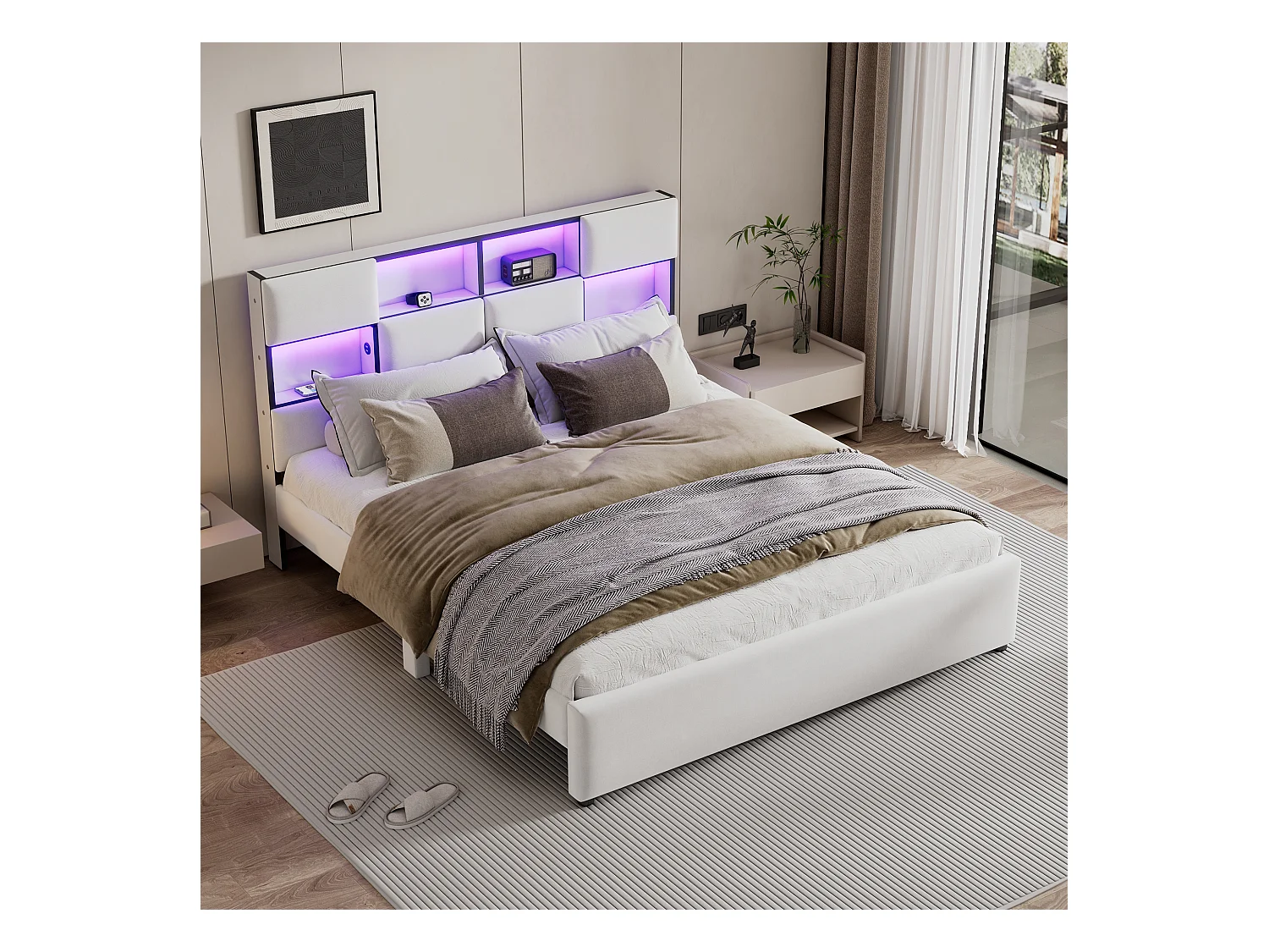 Tweepersoonsbed 160 x 200 cm - Linnenstof - USB-poort + LED's - Inclusief lattenbodem - Beige