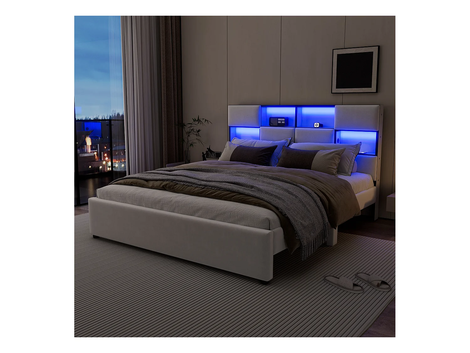 Tweepersoonsbed 160 x 200 cm - Linnenstof - USB-poort + LED's - Inclusief lattenbodem - Beige