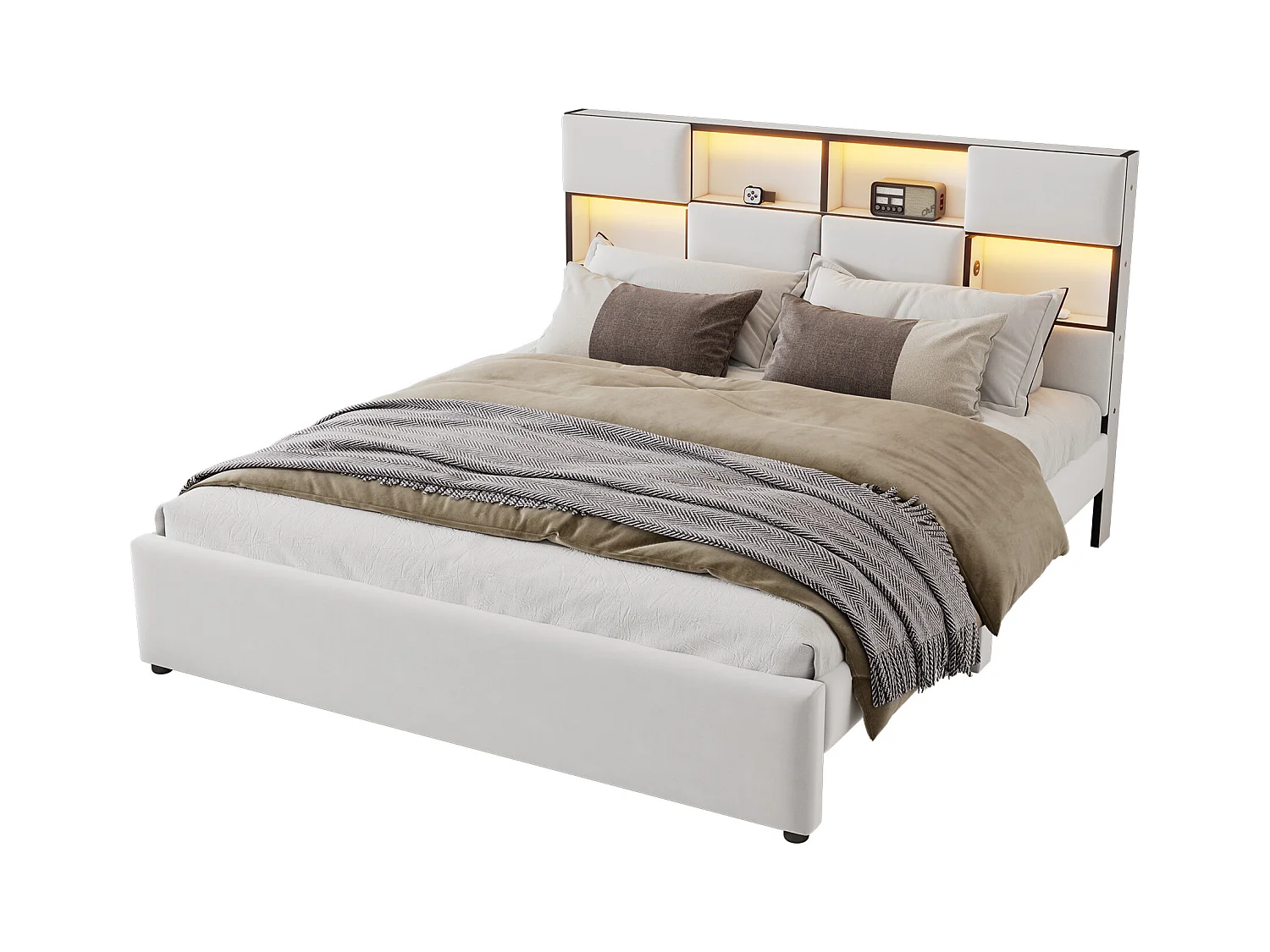 Tweepersoonsbed 160 x 200 cm - Linnenstof - USB-poort + LED's - Inclusief lattenbodem - Beige