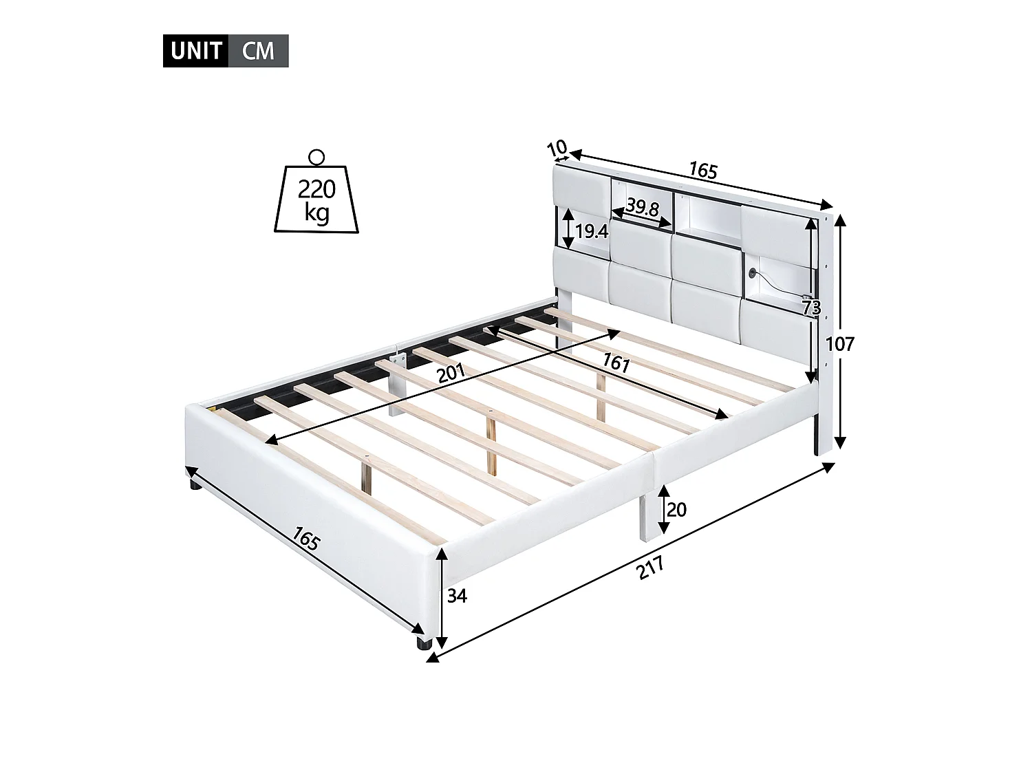 Tweepersoonsbed 160 x 200 cm - Linnenstof - USB-poort + LED's - Inclusief lattenbodem - Beige