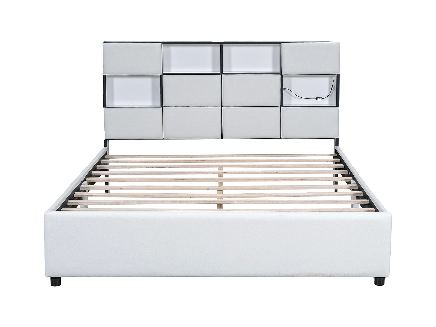 Tweepersoonsbed 160 x 200 cm - Linnenstof - USB-poort + LED's - Inclusief lattenbodem - Beige