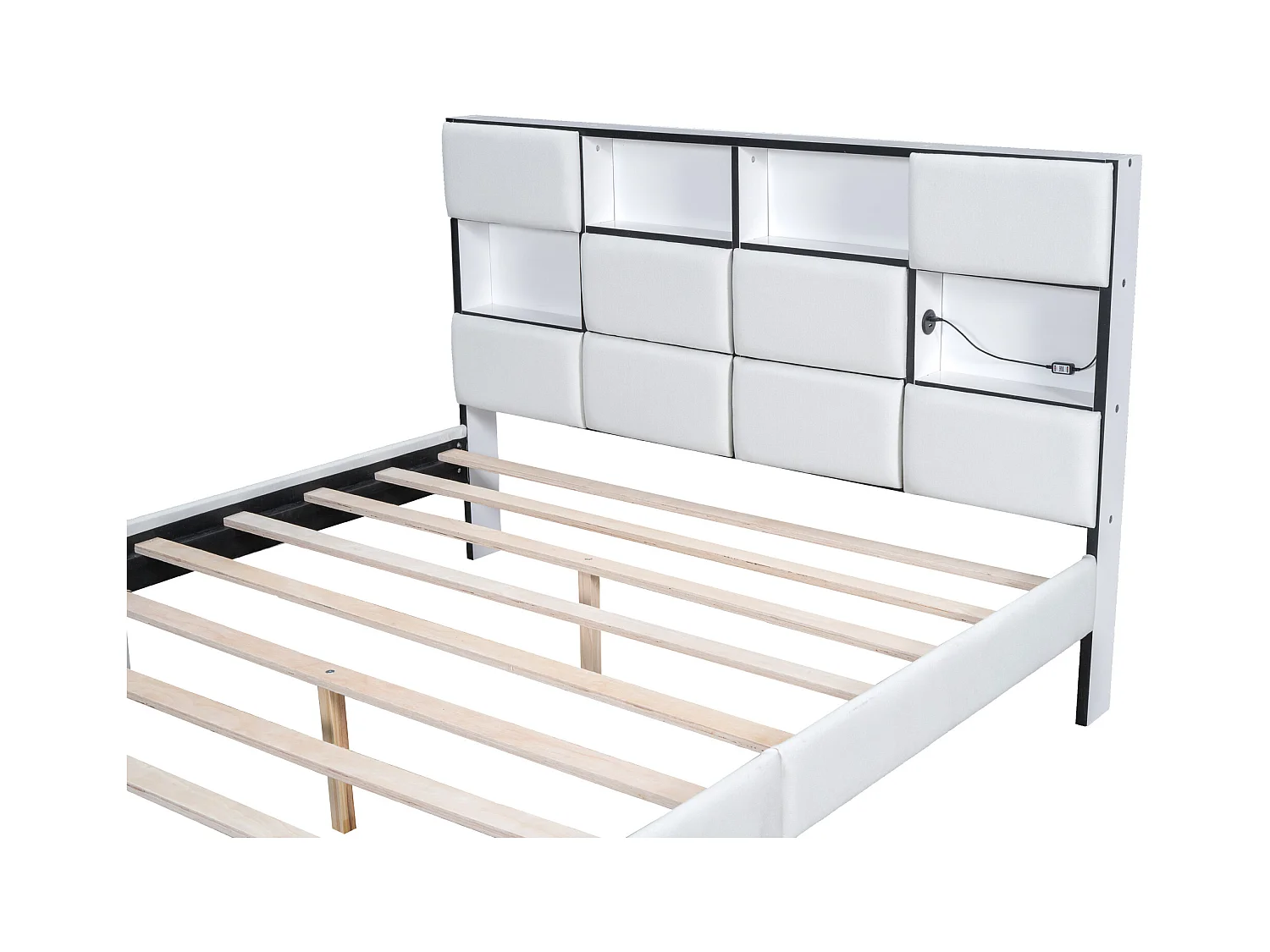 Tweepersoonsbed 160 x 200 cm - Linnenstof - USB-poort + LED's - Inclusief lattenbodem - Beige